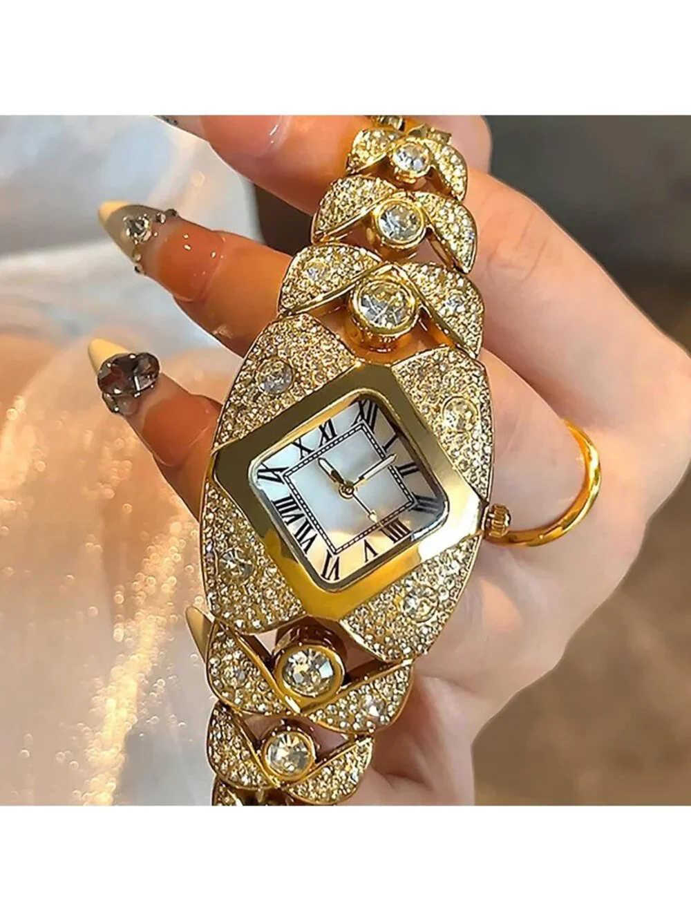 Women's Gold White Rhombic Square Rhinestone Bracelet Roman Numerals Dial Watch